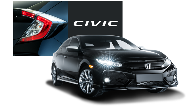 Dreivierteivorderansicht des Honda Silver Line mit Honda Civic Logo.