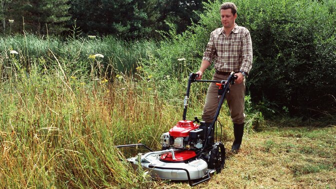 Grasschneider in 3/4-Frontansicht, nach links weisend, Verwendung nach Modell. Gartenumgebung.