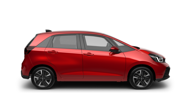 Seitenansicht eines roten Honda Jazz Hybrid