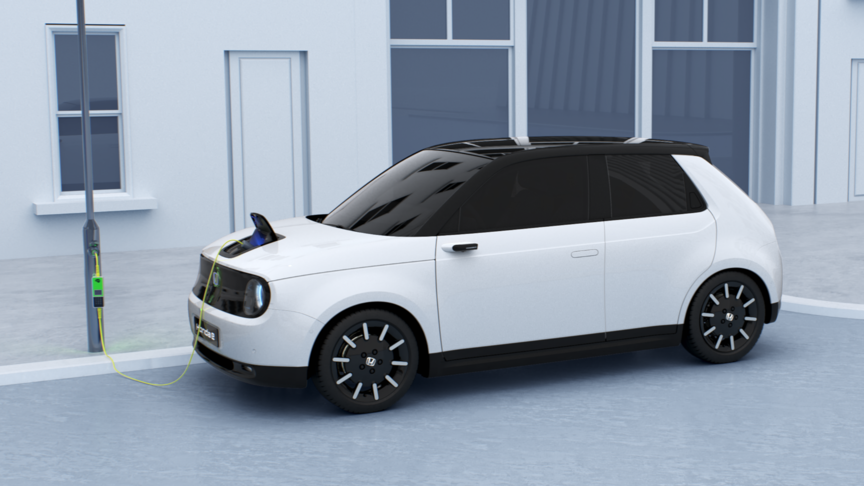 Vorderansicht eines geparkten weißen Honda E Elektroautos