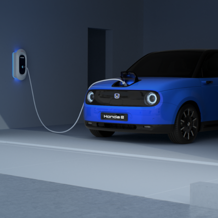 foto von blauem Honda E Elektroauto, der zu hause aufgeladen wird