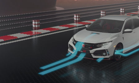 Aufnahme des Honda Civic Type R zur Demonstration von Aerodynamik und Leistung
