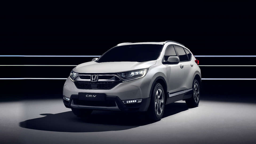 Front- und Seitenansicht des fortschrittlichen Hybridantriebs des Honda CR-V.