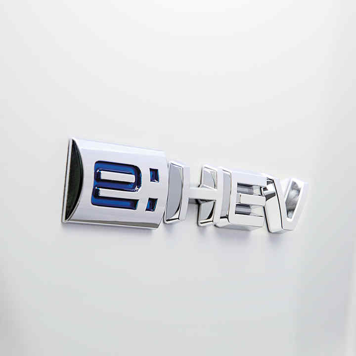 Nahaufnahme des e:HEV-Logos an der Karosserie