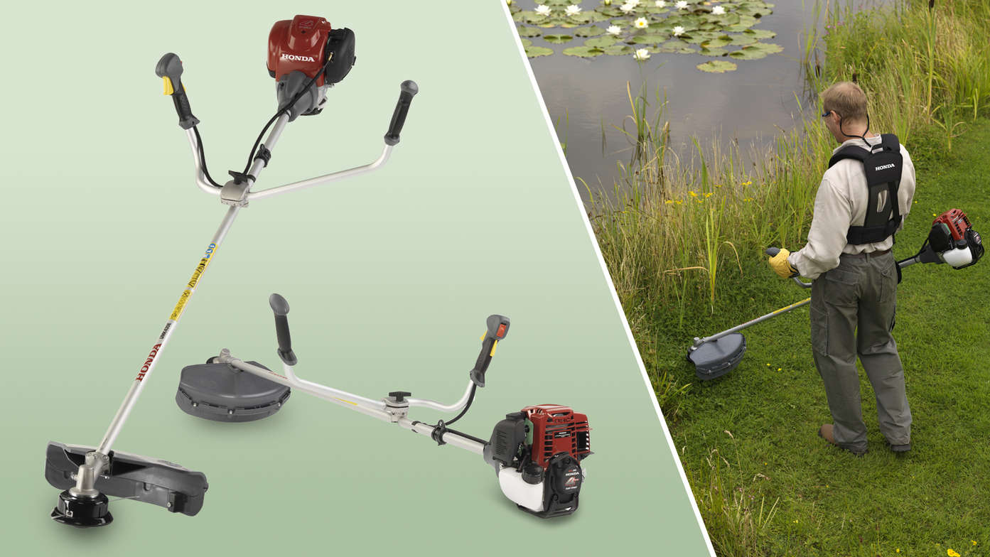 Links: 2 Honda Freischneider Rechts: Verwendung des Freischneiders nach Modell, Gartenumgebung.