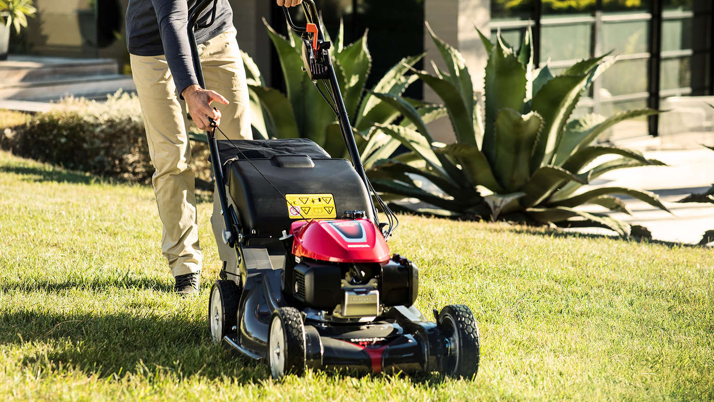 Honda HRX-Rasenmäher in einem Garten.