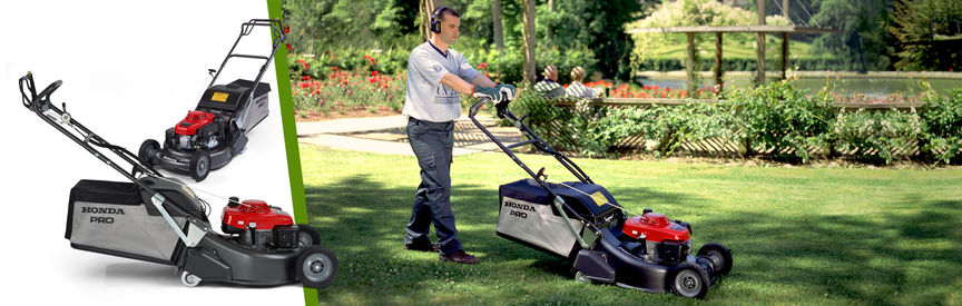 Links: 2 Honda Rasenmäher Rechts: Seitenansicht, nach rechts zeigend, Verwendung nach Modell, Gartenumgebung.