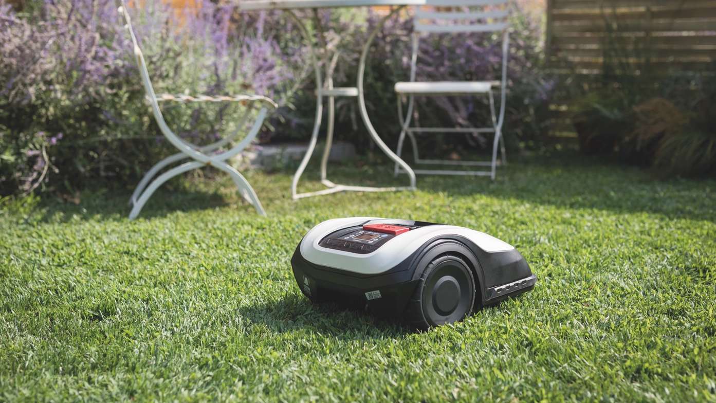 Dreiviertelrückansicht eines Honda Miimo in einem Garten, im Hintergrund befinden sich ein Tisch und Stühle.