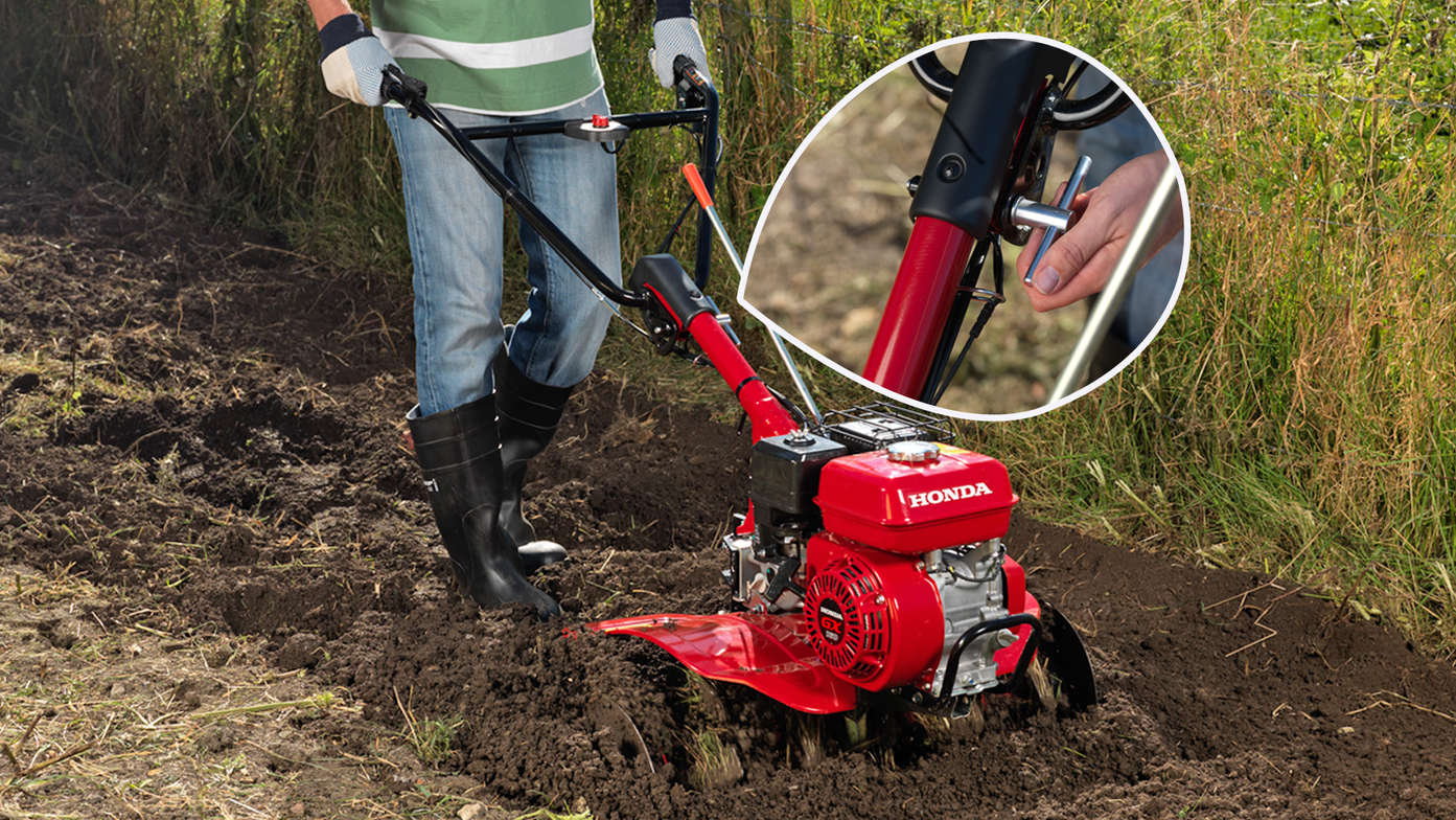 Kompakt-Motorhacke, Fokus auf dem einstellbaren Griff, Gartenumgebung.