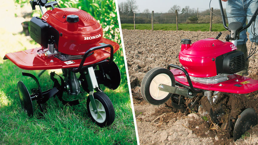 Links: Mini-Motorhacke, Gartenumgebung. Rechts: Mini-Motorhacke im Einsatz, Gartenumgebung.