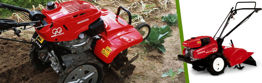 Links: Honda Motorfräsen im Einsatz, Gartenumgebung. Rechts: Motorfräse, nach links zeigend.