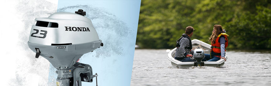 Links: 2 Honda Marine-Motoren Rechts: Boot mit Honda Motor, Einsatz nach Modell, am See
