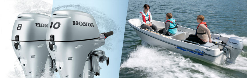 Links: 2 Honda Marine-Motoren Rechts: Boot mit Honda Motor, Einsatz nach Modell, an der Küste