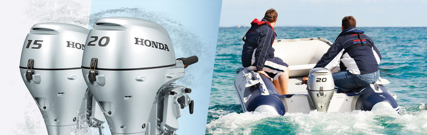 Links: 2 Honda Marine-Motoren Rechts: Boot mit Honda Motor, Einsatz nach Modell, an der Küste