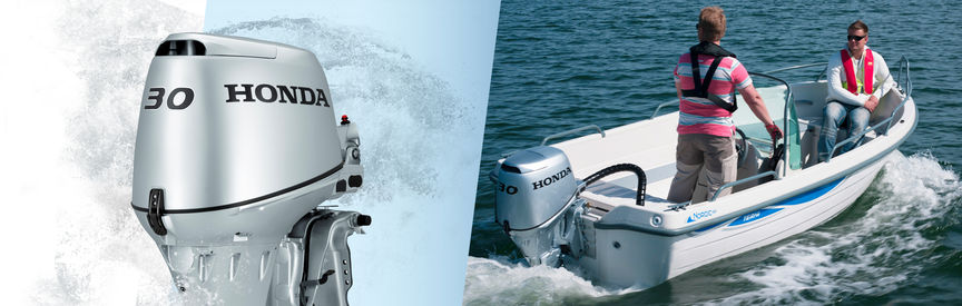 Links: Honda Marine-Motor Rechts: Boot mit Honda Motor, Einsatz nach Modell, an der Küste