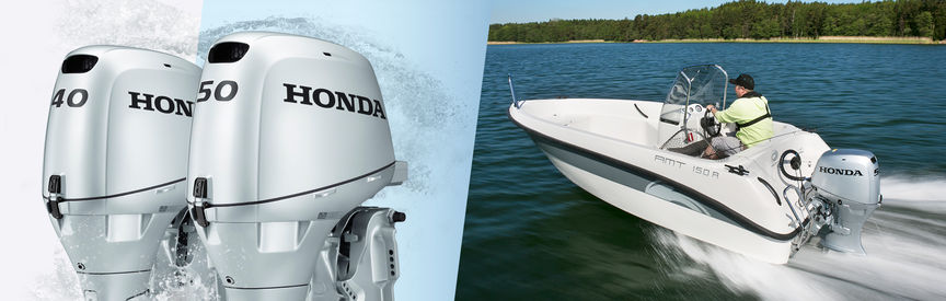 Links: 2 Honda Marine-Motoren Rechts: Boot mit Honda Motor, Einsatz nach Modell, am See