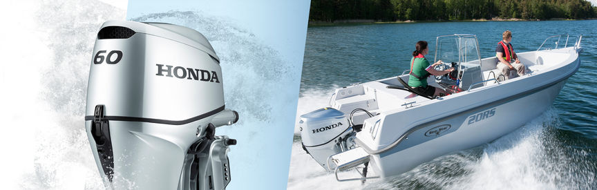 Links: Honda Marine-Motor Rechts: Boot mit Honda Motor, Einsatz nach Modell, an der Küste