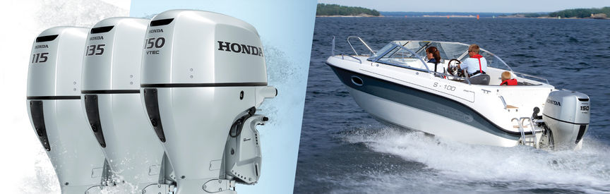 Links: 3 Honda Marine-Motoren Rechts: Boot mit Honda Motor, Einsatz nach Modell, an der Küste