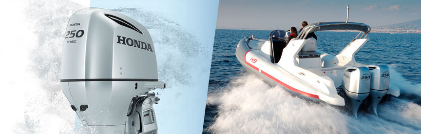 Links: Honda Marine-Motor Rechts: Boot mit Honda Motor, Einsatz nach Modell, an der Küste