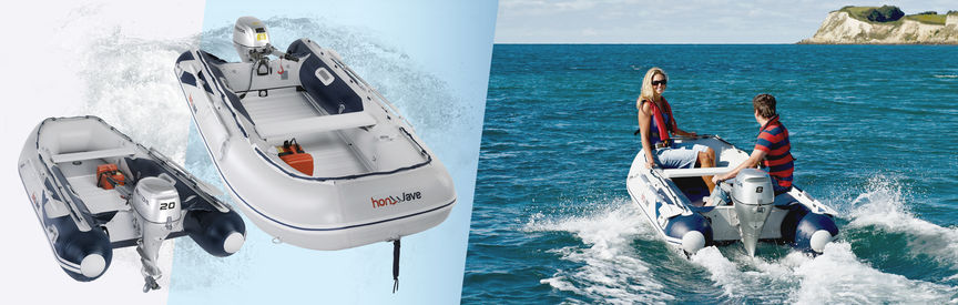 Links: 2 Honda Schlauchboote Rechts: Honda Schlauchboot, Einsatz nach Modell, an der Küste