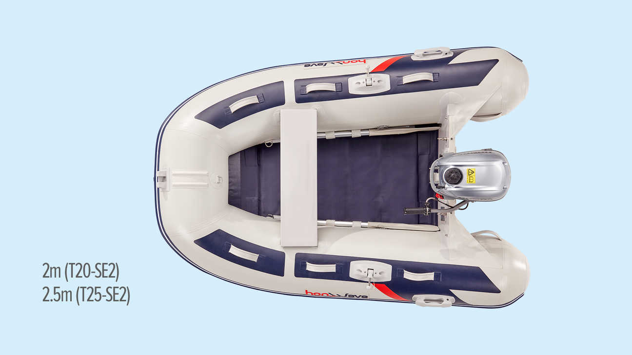 Links: Honda Schlauchboot mit Lattenboden Rechts: Nahaufnahme eines Schlauchboots mit Lattenboden.
