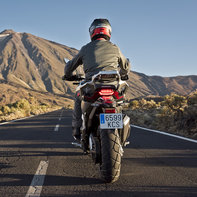 Rückansicht des Honda X-ADVs mit Fahrer.