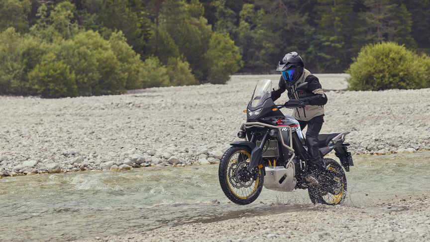 Model fährt XL750 Transalp-Motorrad in einem Waldgebiet.