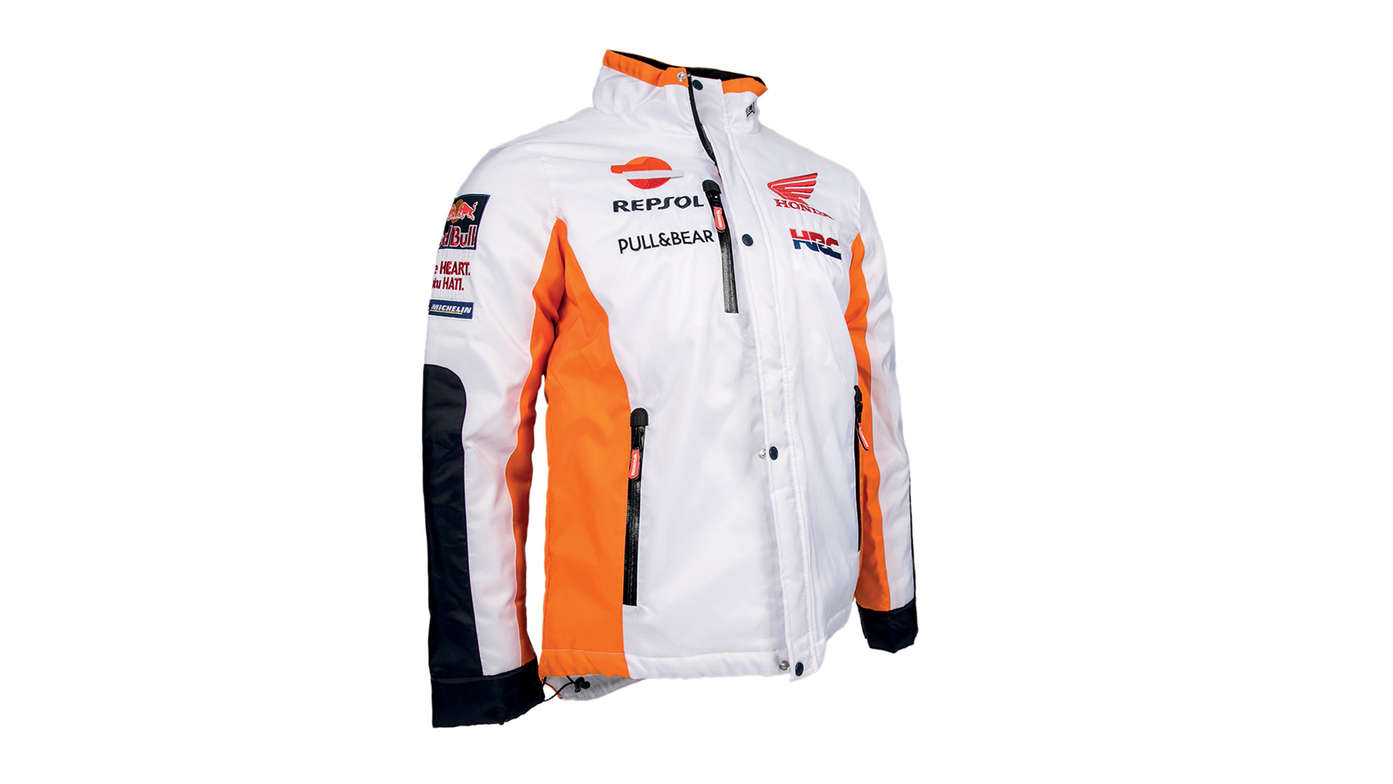 Honda Winterjacke in Weiß mit MotoGP-Teamdesign und Repsol-Logo.