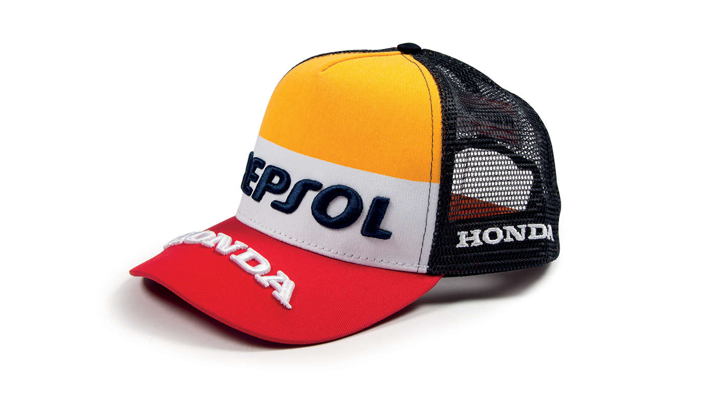Kappe mit orange-weiß-rotem Honda MotoGP-Design und Repsol-Logo.