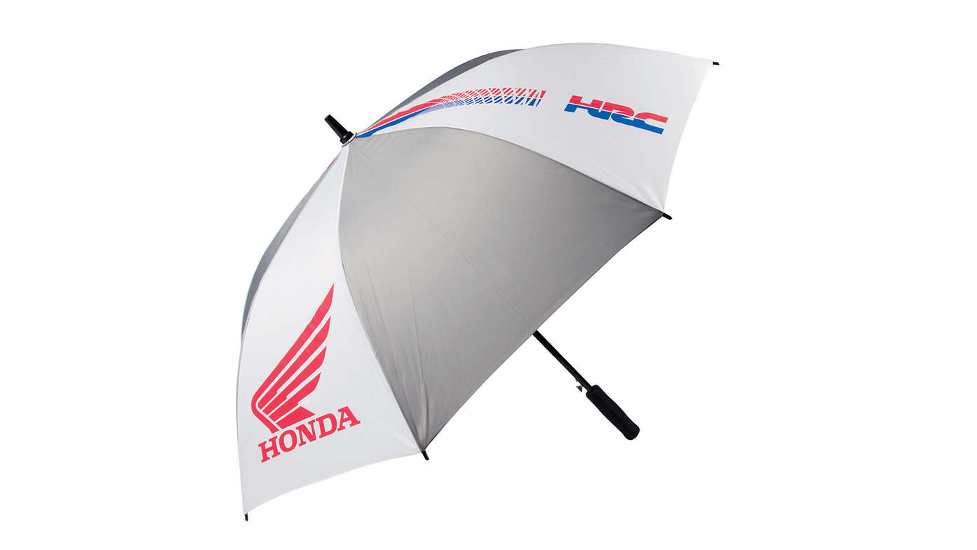 Honda HRC-Regenschirm in Grau und Weiß in HRC-Design mit Honda Wings-Logo.