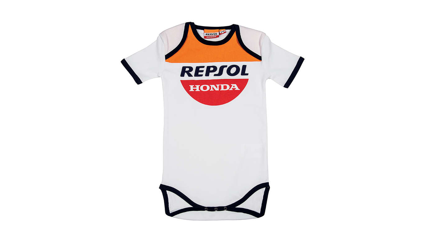 Honda Repsol-Strampler mit Honda MotoGP-Design und Repsol-Logo.