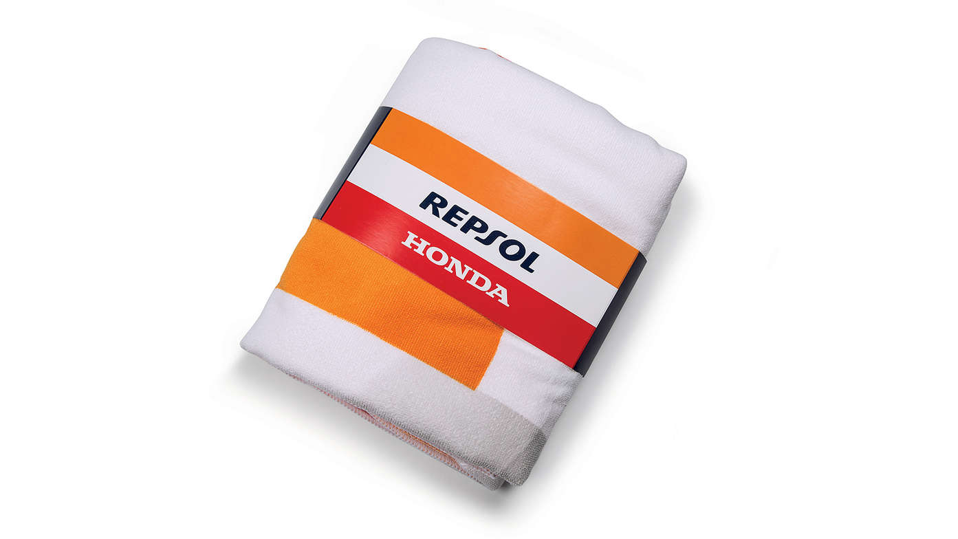 Honda Repsol-Strandtuch mit Honda MotoGP-Design und Repsol-Logo.
