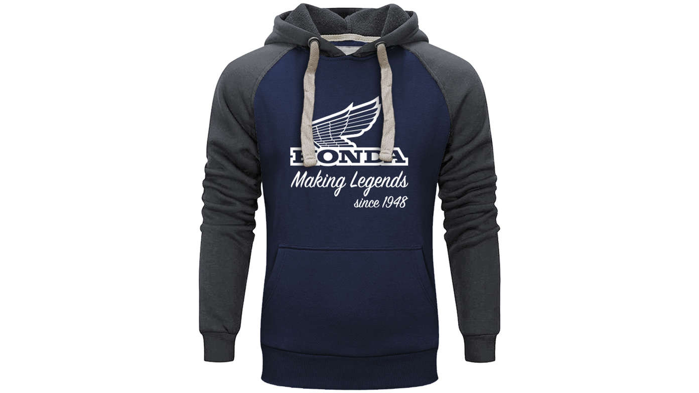 Vintage-Hoodie von Honda in Blau und Grau. 