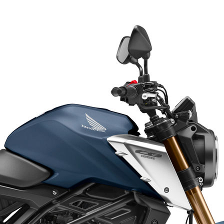 Honda CB125R, rechte Seite, Nahaufnahme von Tank und Lenker, Studioaufnahme, blaues Motorrad