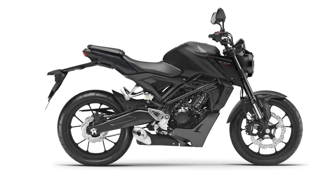 Honda CB125R, rechte Seite, Studioaufnahme, schwarzes Motorrad