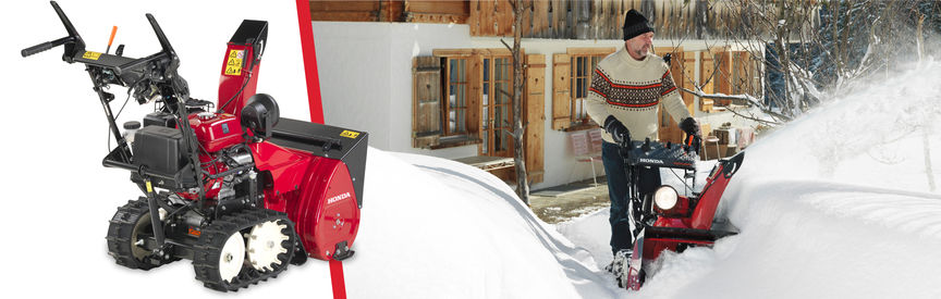 Links: Schneefräse der 7er-Serie. Rechts: Schneefräse der 7er-Serie, Einsatz nach Modell, Gartenumgebung.