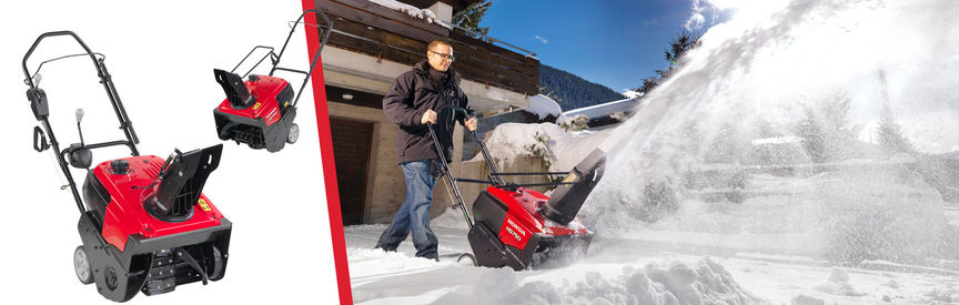 Links: 2 Einstufige Schneefräsen. Rechts: Einstufige Schneefräse, Einsatz nach Modell, Gartenumgebung.