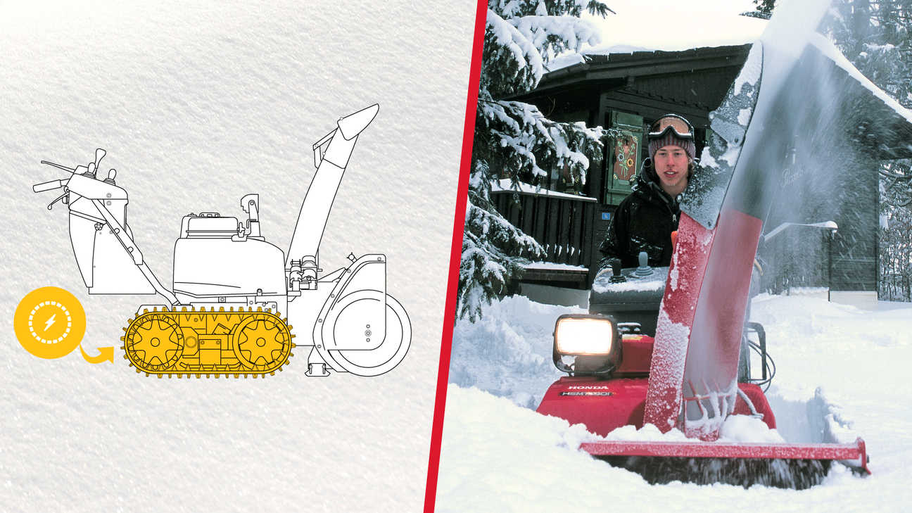 Links: Nahaufnahme der Hybrid-Schneefräse, mit Schwerpunkt auf dem batteriebetriebenen Raupenantrieb. Rechts: Hybrid Schneefräse, Einsatz nach Modell.