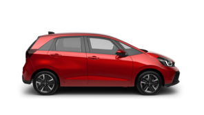 Seitenansicht eines roten Honda Jazz Hybrid