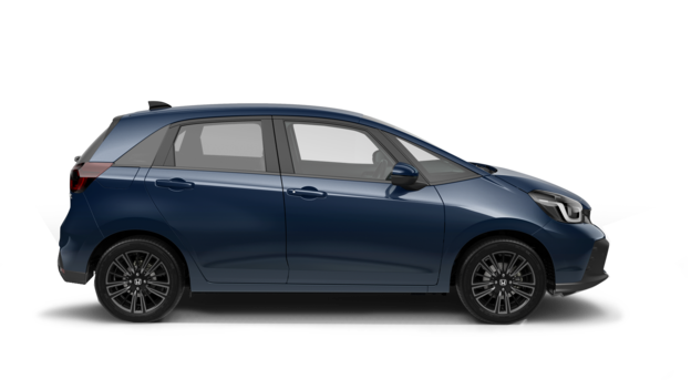 Seitenansicht eines blauen Honda Jazz Hybrid