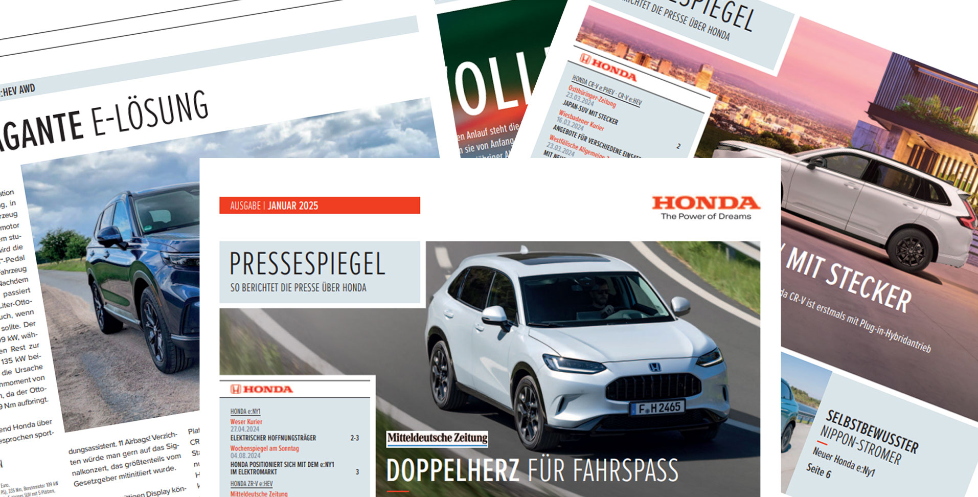 Bild von verschiedenen Honda Pressespiegeln übereinander.