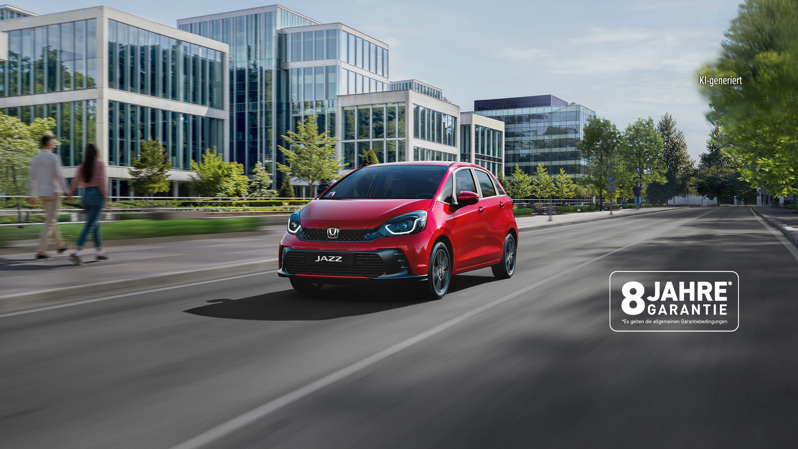 Honda Jazz in rot fährt eine Straße in einer Stadt entlang. Firmengebäude auf der linken Seite. Spaziergänger auf dem Fußweg