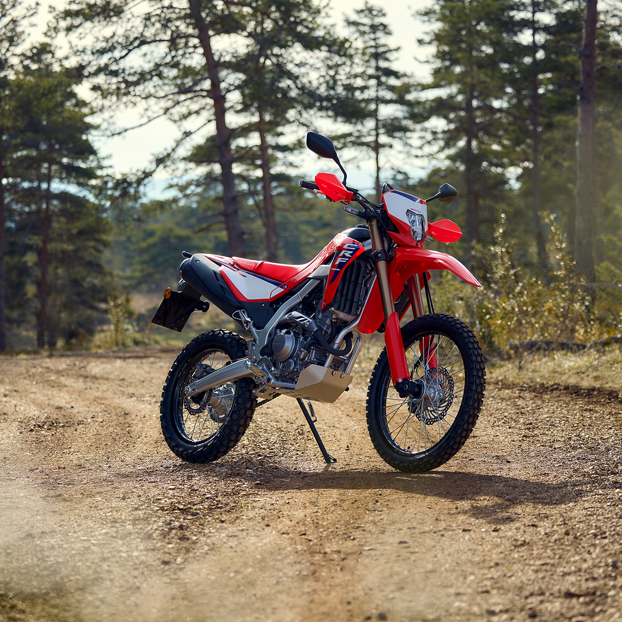 Ein rotes Motorrad steht in einer Landschaft