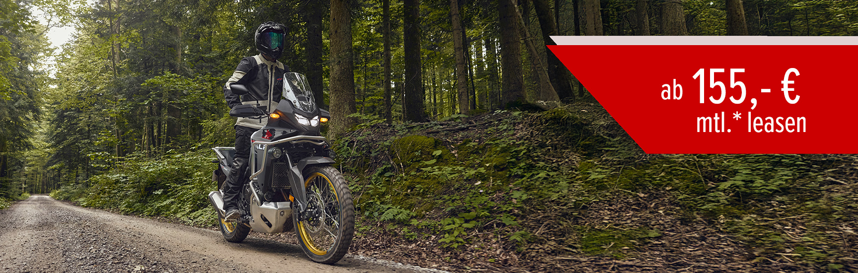 Mann fährt auf einer Honda XL750 Transalp auf einr Schotterstraße im Wald.